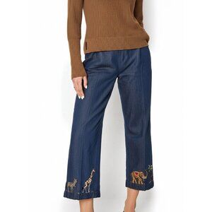 Anne Carson Vtg Elephant Zebra Giraffe Blue Denim Cropped Pants Sz 6 Side Zip‎